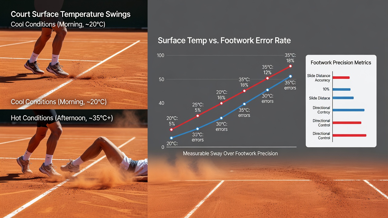 Tennis player executing footwork on a sunlit clay court during a long rally