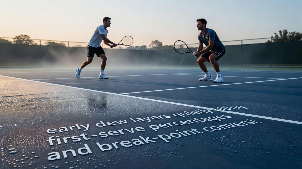 Tennis player preparing to serve on a dew-covered grass court during an early morning match at a subtropical open tournament