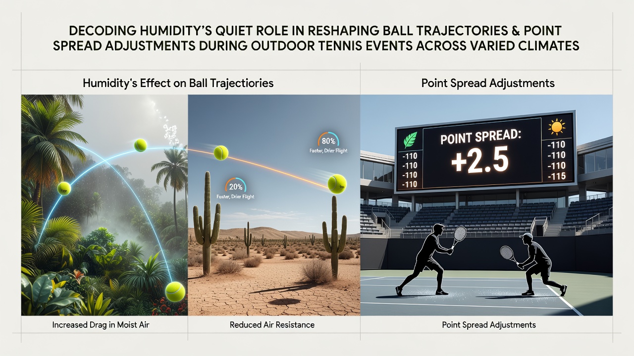 Tennis ball in flight during a humid outdoor match with visible atmospheric conditions affecting trajectory