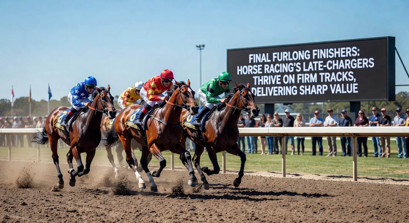 A powerful closer surges past rivals in the final furlong on a firm racing surface, kicking up minimal dirt during a sunny afternoon track meet