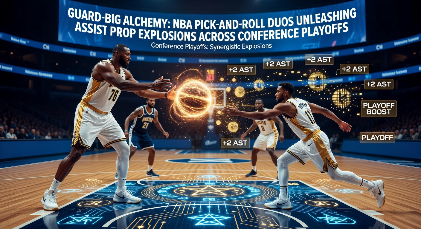Dynamic NBA pick-and-roll action featuring a guard dribbling past a screen set by a towering big man, leading to a dish for an easy basket