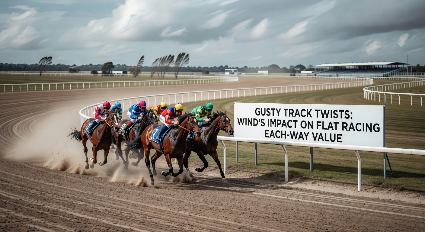 A flat racing track under strong gusty winds, with horses leaning into the breeze during a sprint