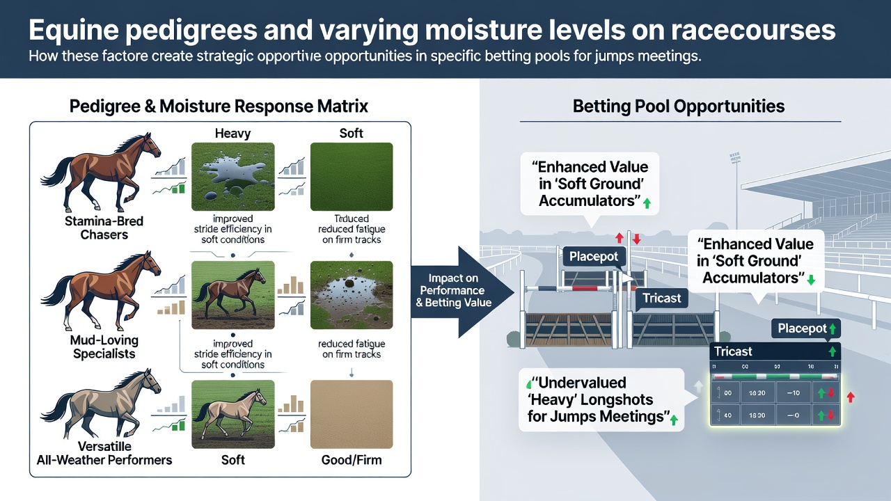 Racehorses navigating a jumps course under varying ground conditions during a steeplechase event