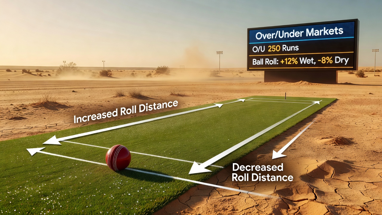 Close-up view of soccer ball rolling on irrigated desert pitch with measurement markers for distance testing