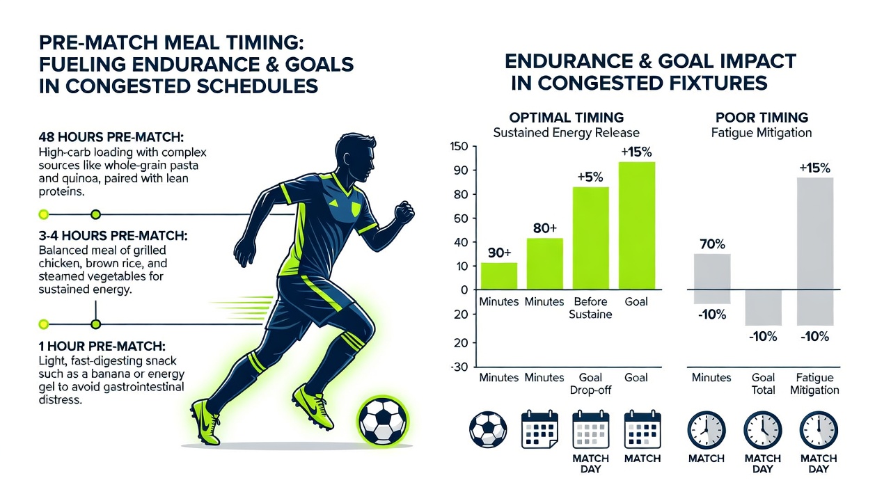Midfield player consuming a timed pre-match carbohydrate meal with endurance performance data displayed