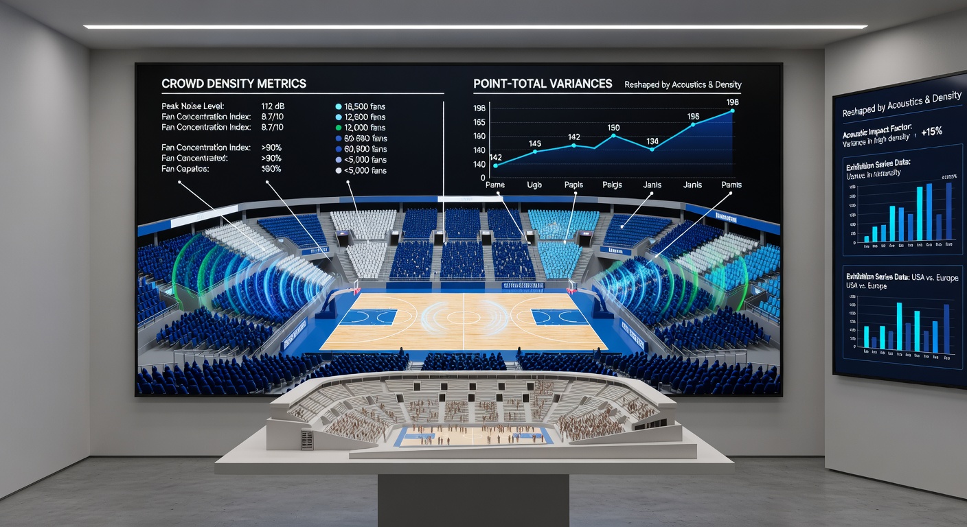 Stadium interior showing dense crowd during an international basketball exhibition match with visible acoustic panels on walls