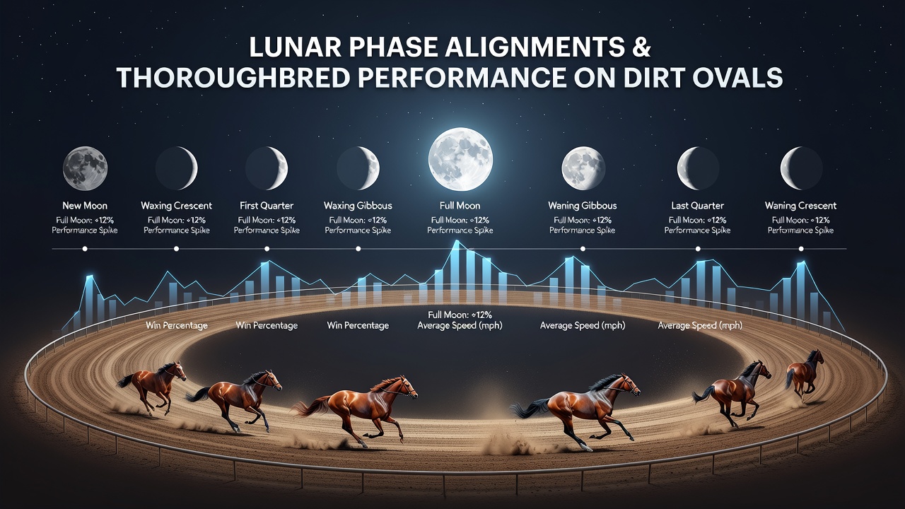 Thoroughbred horses racing on a dirt oval track under a night sky with visible moon phases