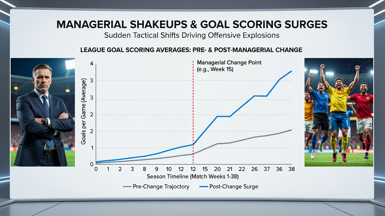 Chart showing goal scoring averages before and after managerial changes in soccer leagues