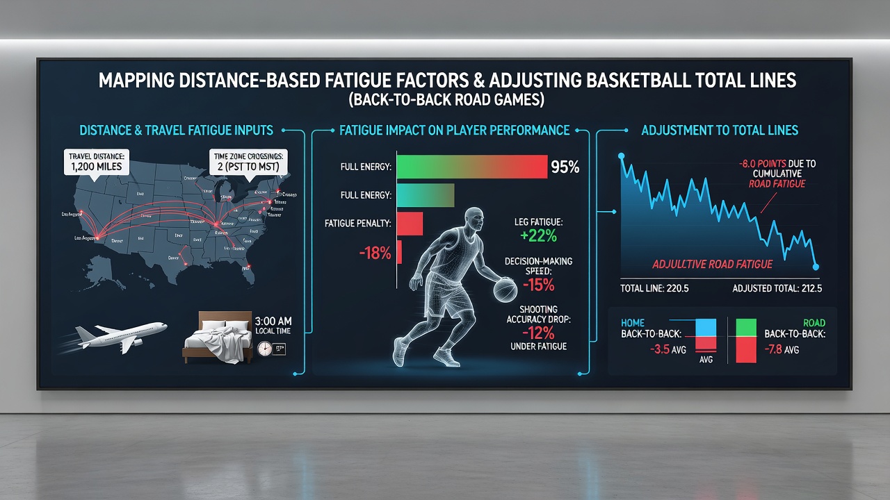 Data charts showing fatigue impact on basketball scoring totals during road back-to-backs