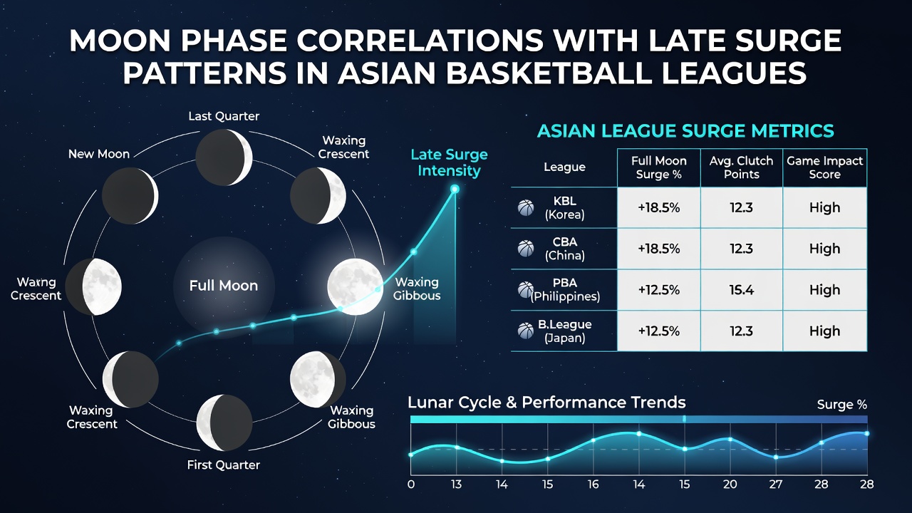 Detailed graphs comparing fourth-quarter statistics from Asian leagues during different moon phases