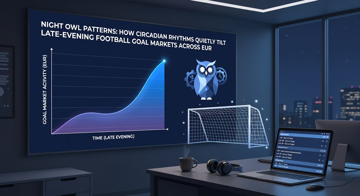 Data charts and graphs overlaying a football pitch at night, illustrating goal market trends tied to circadian rhythm research