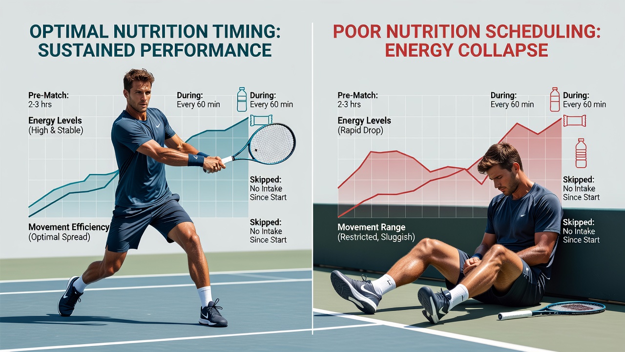 Professional tennis player managing nutrition intake during a prolonged match on outdoor court