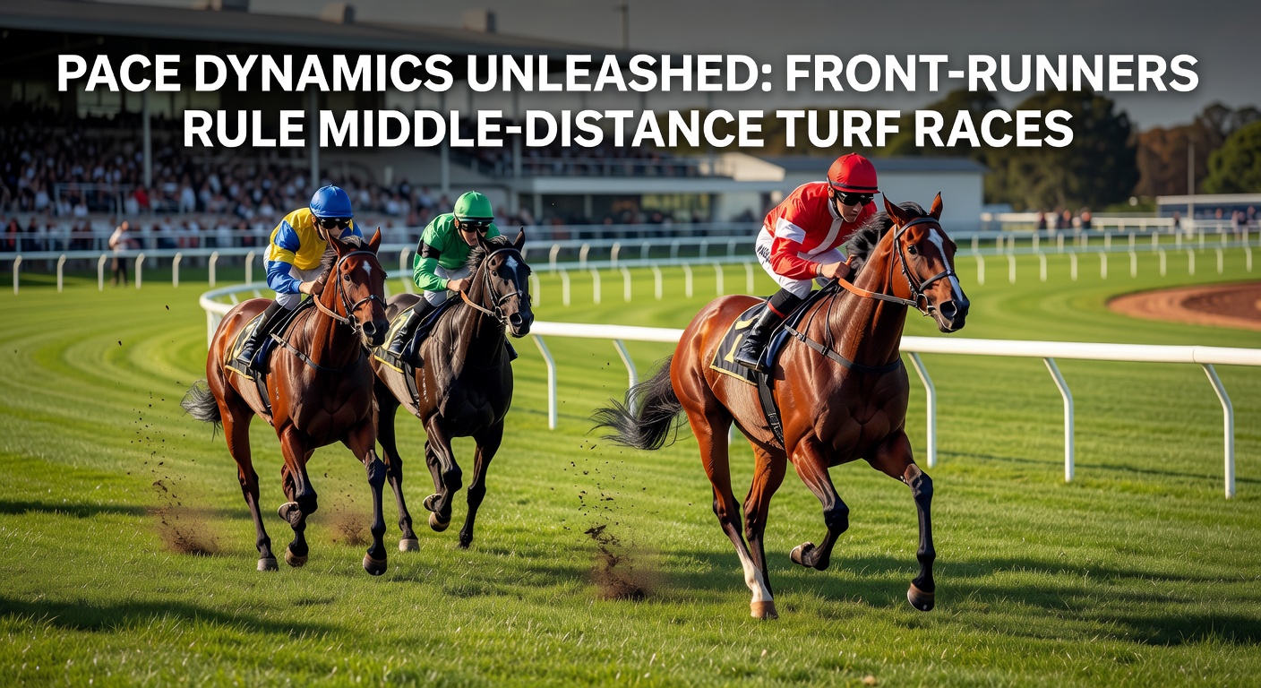 A front-running horse surges ahead on a lush turf track during a middle-distance race, kicking up divots while challengers trail in pursuit
