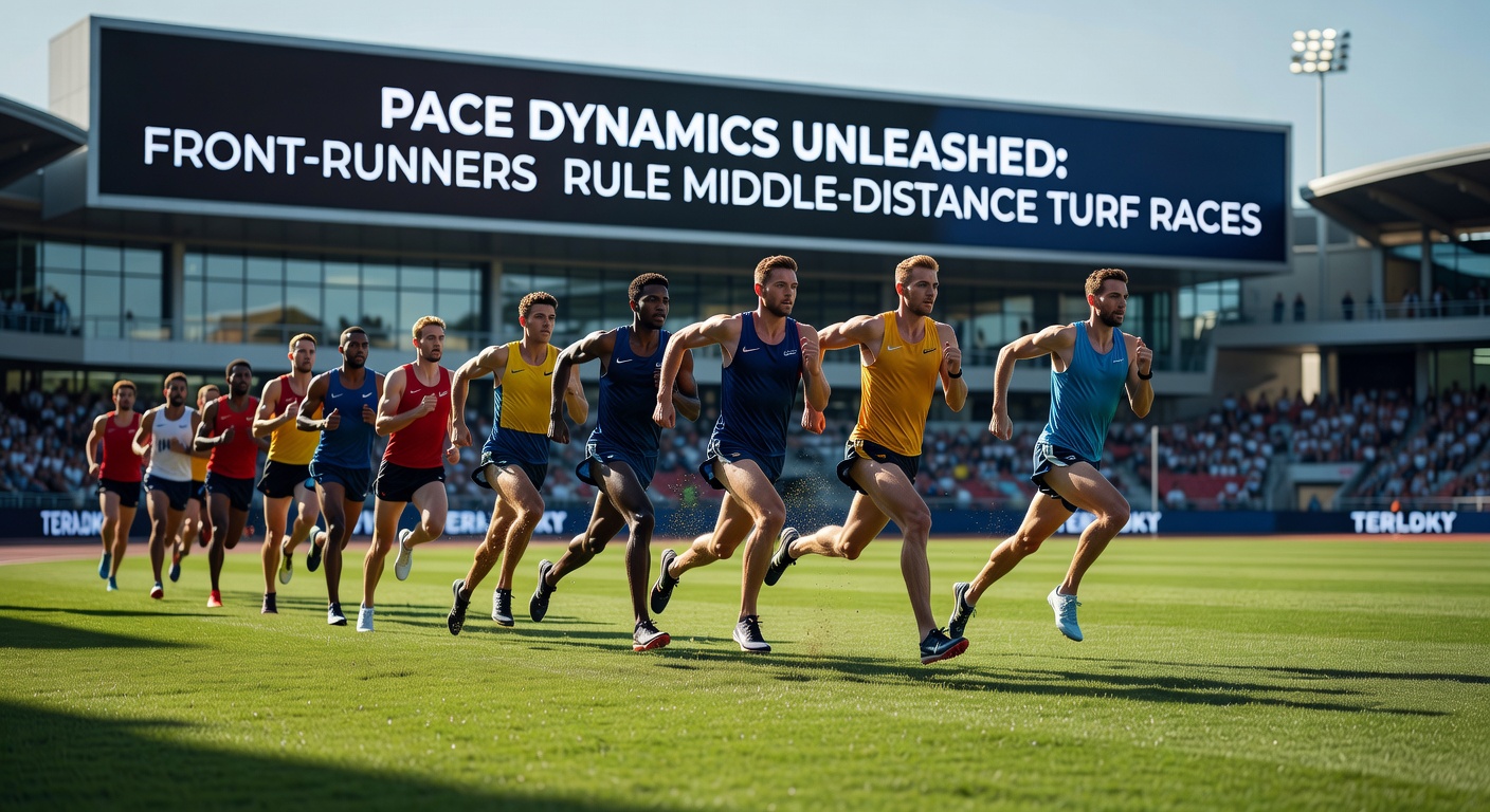 Race chart overlay illustrating pace figures from a middle-distance turf event, with the front-runner maintaining lead margins through sectional splits while closers lag