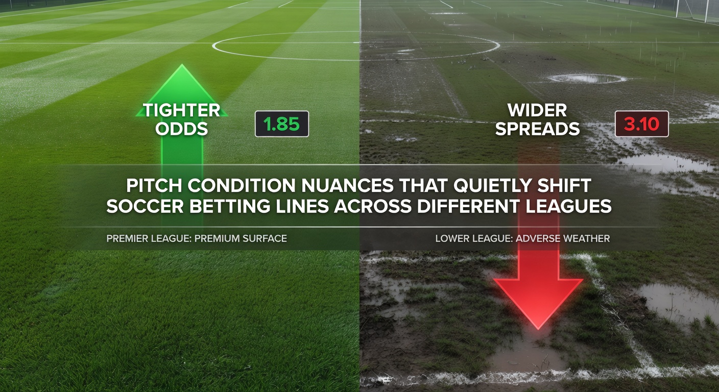 Detailed view of a soccer pitch showing grass length variations and moisture patterns that influence ball behavior in different leagues