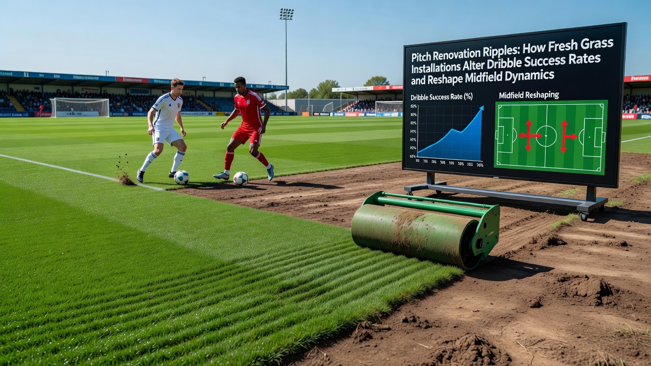 Midfield player executing a dribble on a newly renovated pitch with visible ball roll and player traction