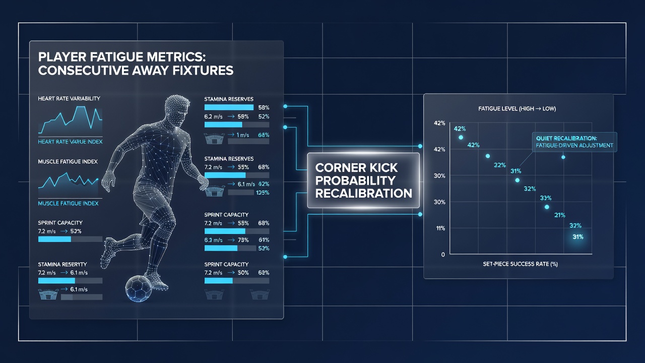 Corner kick probability charts showing fatigue impact across consecutive away games in English lower leagues
