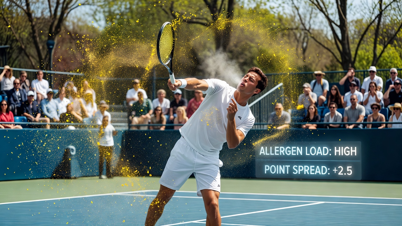 Tennis player serving on a clay court during spring with visible pollen particles in the air around an outdoor stadium