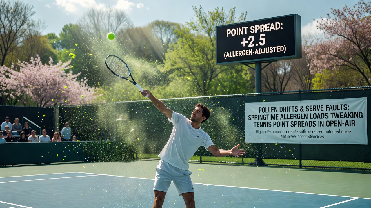 Close-up view of tennis ball and racket with springtime grass pollen visible on the court surface during an outdoor match