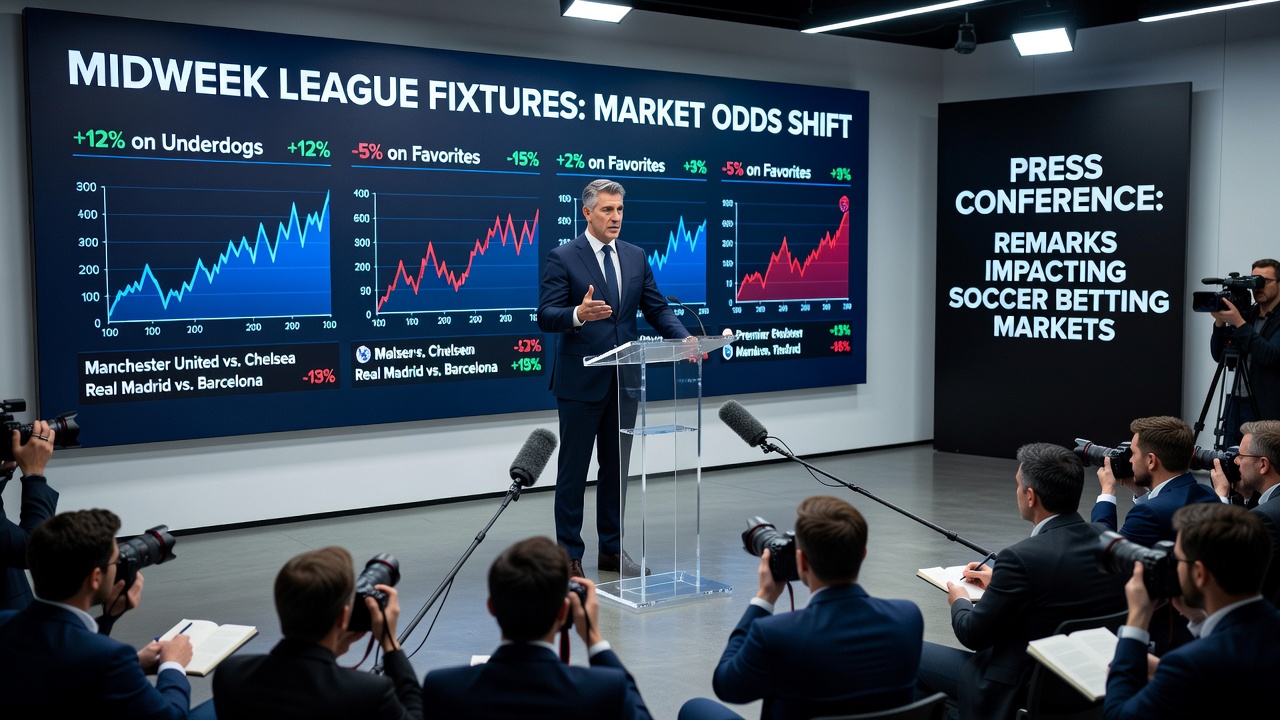 Close-up of betting market odds boards updating during a live soccer press conference