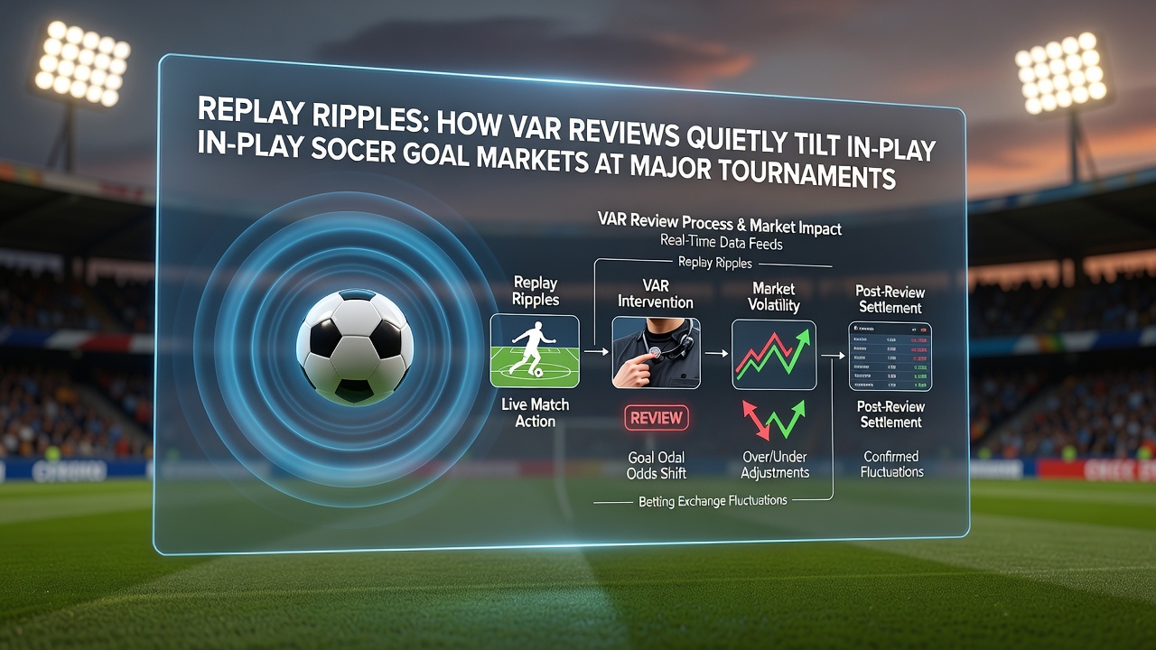 Soccer stadium crowd watching a VAR decision on large screens while in-play betting interfaces update on mobile devices
