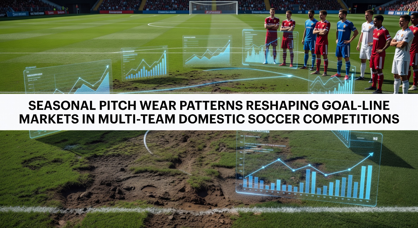 Soccer pitch showing seasonal wear patterns in a multi-team stadium during domestic league play
