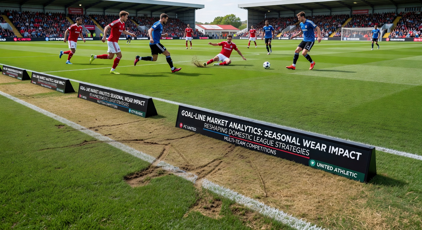 Close-up view of worn goal-line area on a soccer pitch used by multiple domestic teams