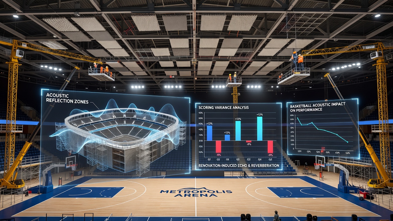 Basketball players on court during a loud home game in a renovated stadium with visible acoustic treatments