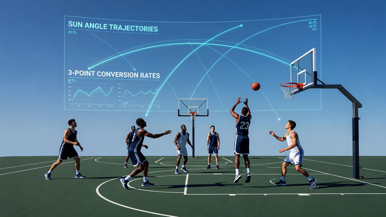 Basketball players adjusting to changing sunlight angles on open court